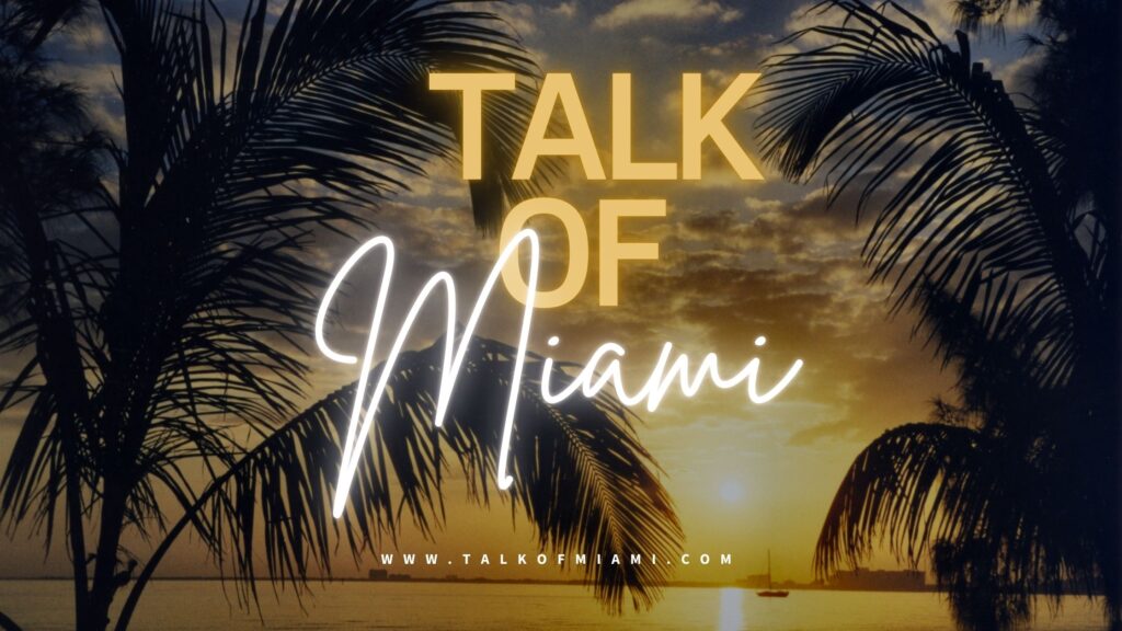 Talk of Miami Banner with Palm trees and beach sunset